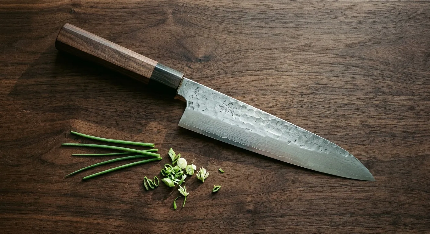 A professional chef's knife reflecting light on a dark sharpening bench